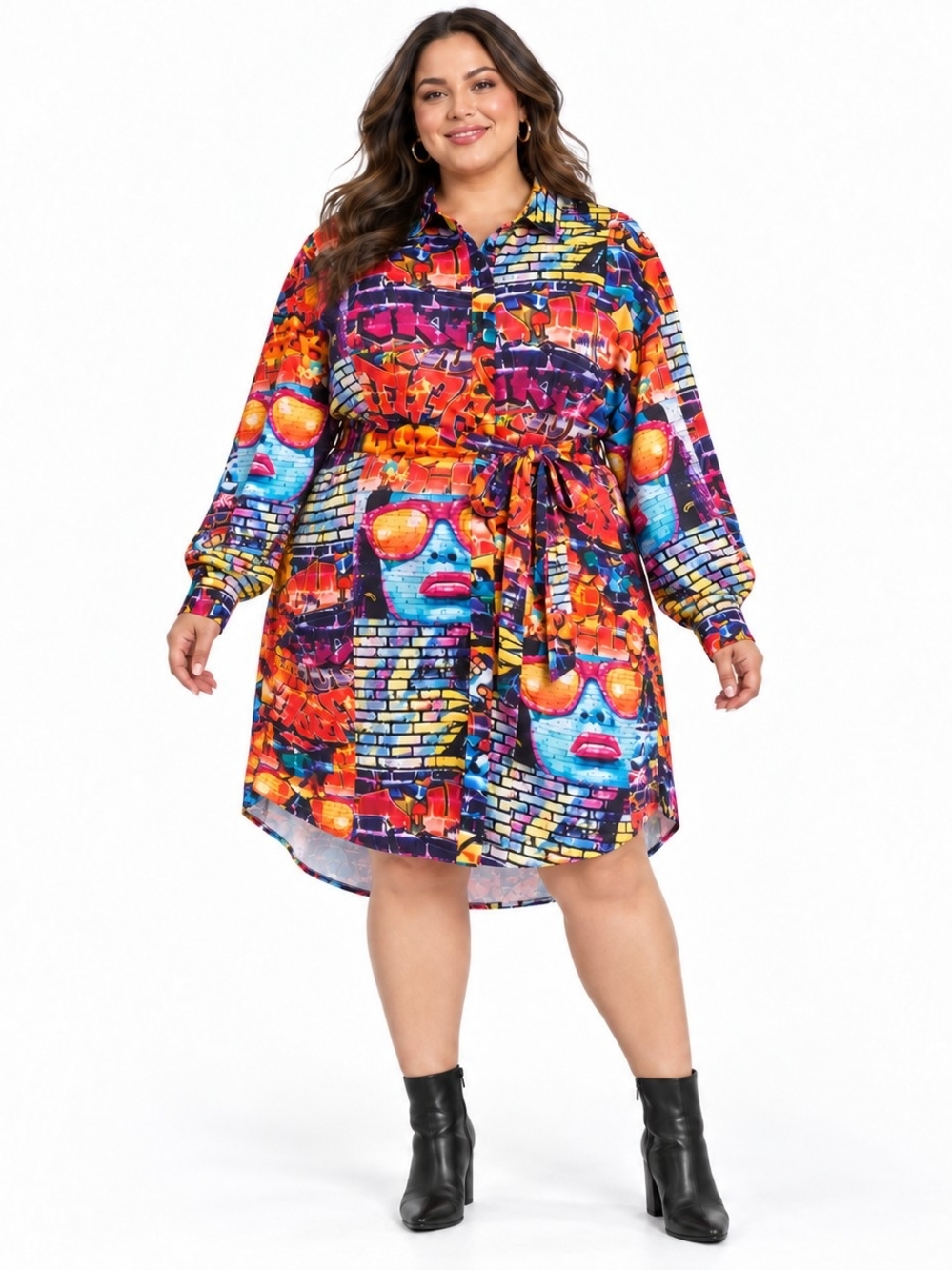 AKIRA Graffiti Print Shirt Dress 2XL Plus Size Belted Button Down NWOT
